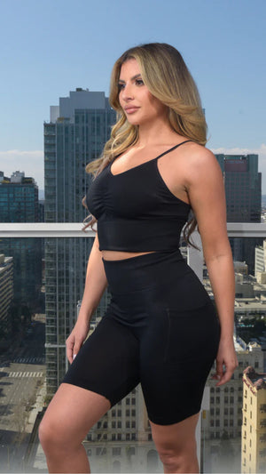 Seamless Short Set V-Neck Race Back Spaghetti Strap Crop Top And High Waist Biker Shorts With 2 Side Pockets