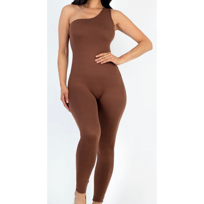 One Shoulder Brown Jumpsuit